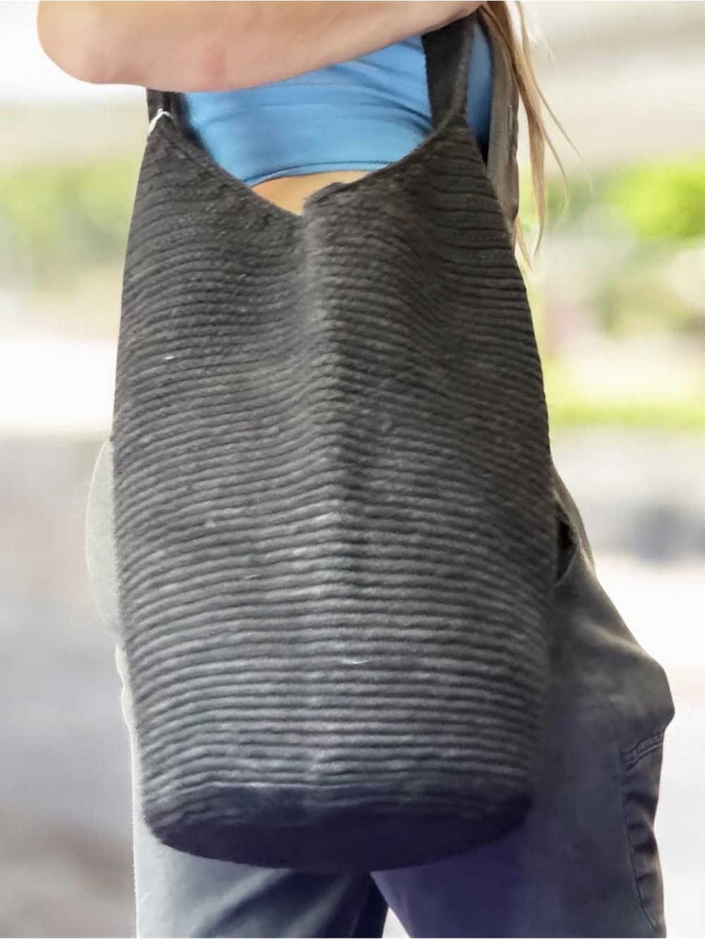 NWT Navy Blue Coiled Rope Sling Bag Durable Matte Woven Crescent Hobo Tote